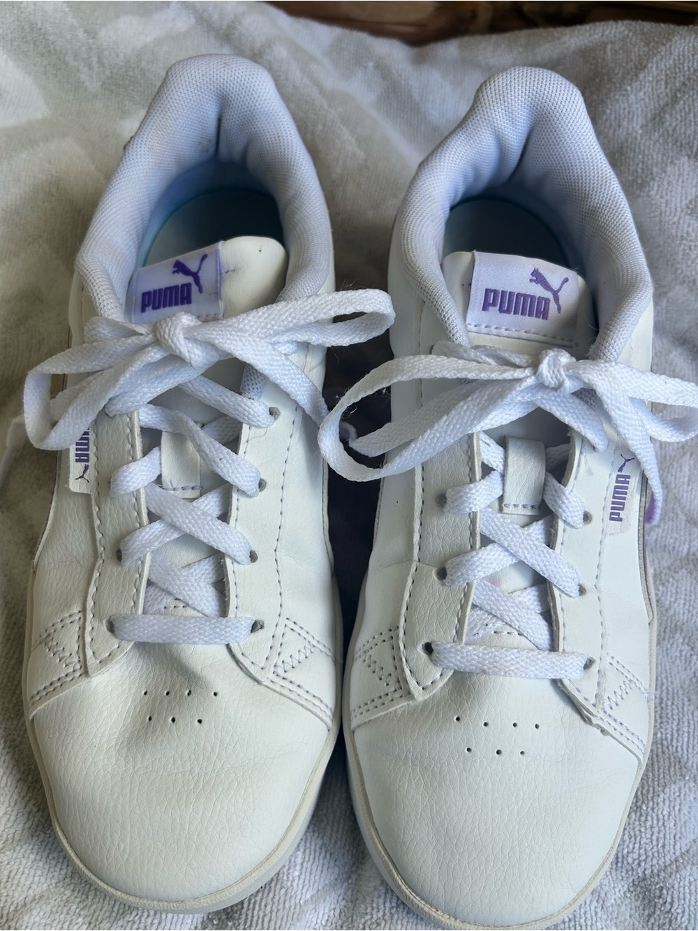 Puma White Kids Sneakers with Purple Logo Accents